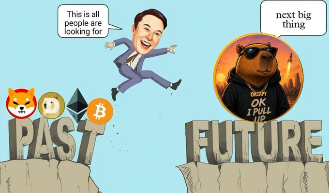 Meme: Elon Musk leaping from PAST coins toward the OKCAPY capybara labelled FUTURE