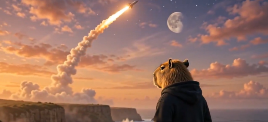 Meme: the OKCAPY capybara in a hoodie watching a rocket launch toward the moon at sunset