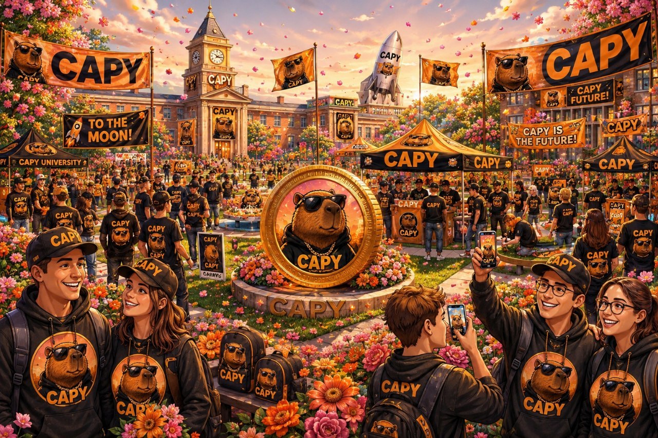 The OKCAPY herd: a crowd of people in OKCAPY hoodies and caps celebrating around a giant gold CAPY coin
