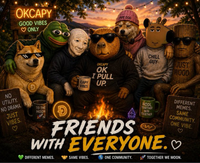 OKCAPY friends with everyone: capybara and meme legends around a campfire at sunset